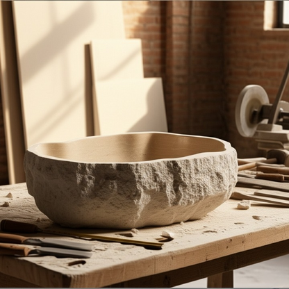 Chiseled Travertine Stone Vessel Sink – Elliptical Bathroom Basin