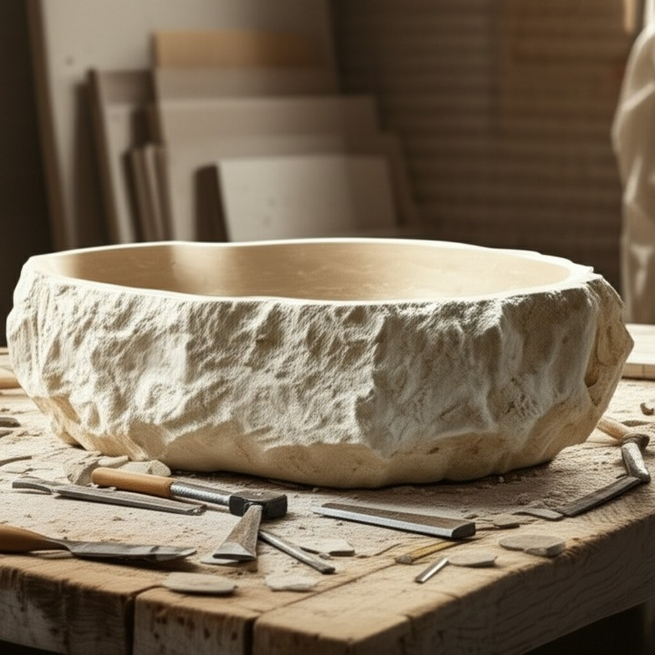 Chiseled Travertine Stone Vessel Sink – Elliptical Bathroom Basin