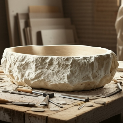 Chiseled Travertine Stone Vessel Sink – Elliptical Bathroom Basin