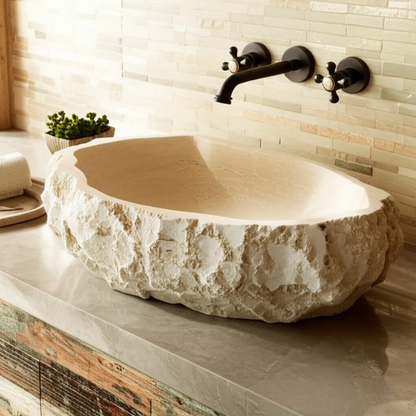 Chiseled Travertine Stone Vessel Sink – Elliptical Bathroom Basin