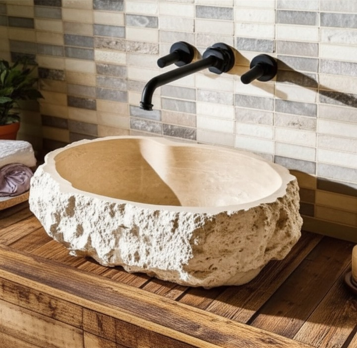 Chiseled Travertine Stone Vessel Sink – Elliptical Bathroom Basin