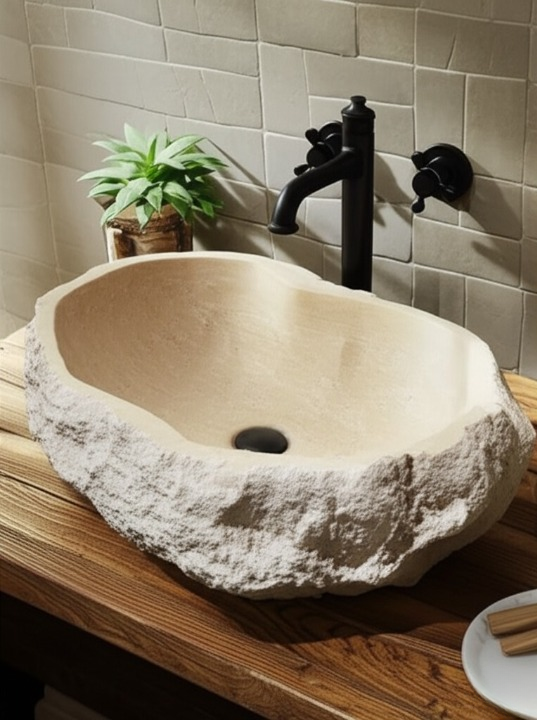 Chiseled Travertine Stone Vessel Sink – Elliptical Bathroom Basin