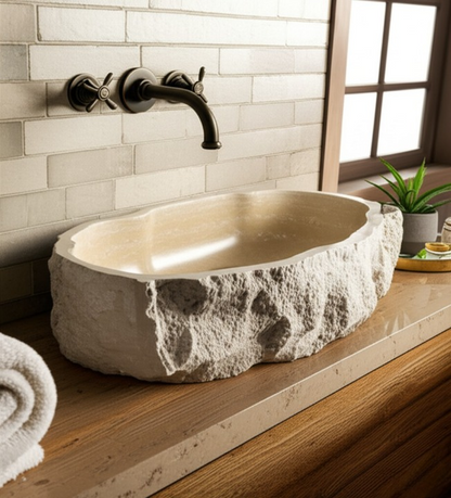 Chiseled Travertine Stone Vessel Sink – Elliptical Bathroom Basin