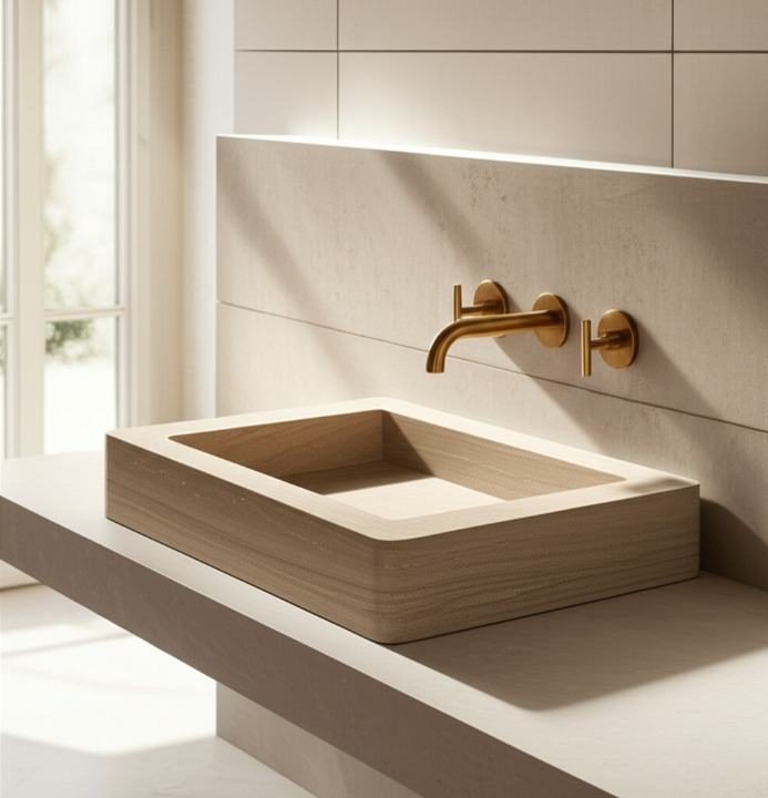 30" Rectangular Travertine Stone Sink – Handcrafted Bathroom Basin