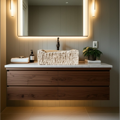 Rustic Chiseled Travertine Stone Sink – Rectangular Bathroom Basin