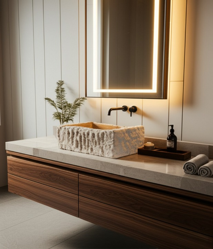 Hand-Carved Natural Stone Wall Mounted Travertine Sink