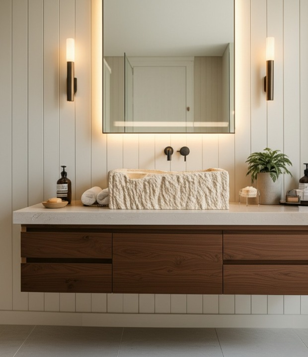 Hand-Carved Natural Stone Wall Mounted Travertine Sink