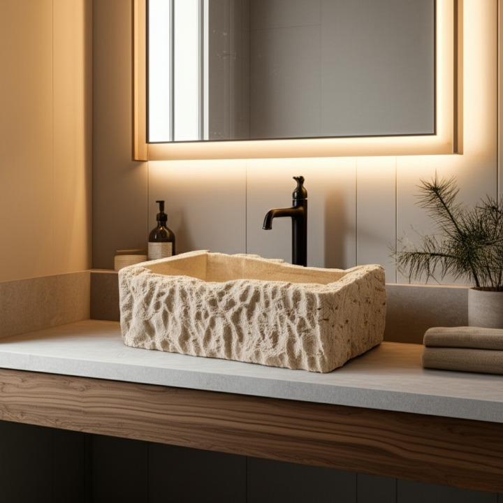 Hand-Carved Natural Stone Wall Mounted Travertine Sink