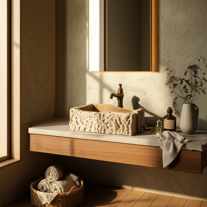 Hand-Carved Natural Stone Wall Mounted Travertine Sink