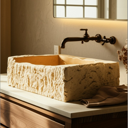 Hand-Carved Natural Stone Wall Mounted Travertine Sink