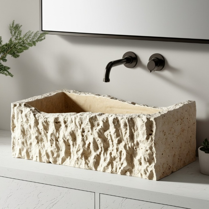 Hand-Carved Natural Stone Wall Mounted Travertine Sink