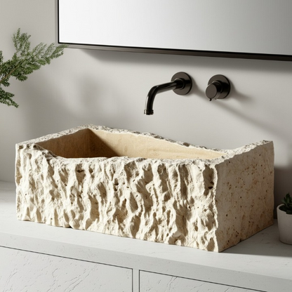 Hand-Carved Natural Stone Wall Mounted Travertine Sink
