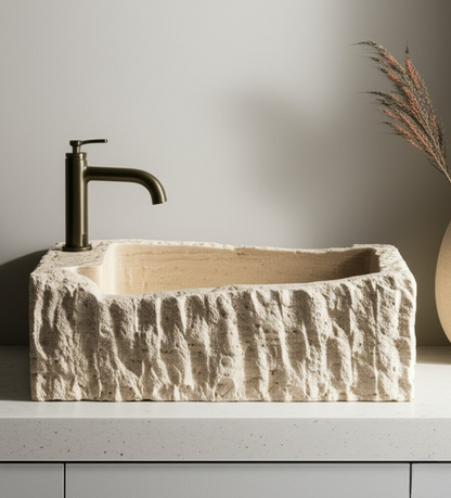 Hand-Carved Natural Stone Wall Mounted Travertine Sink
