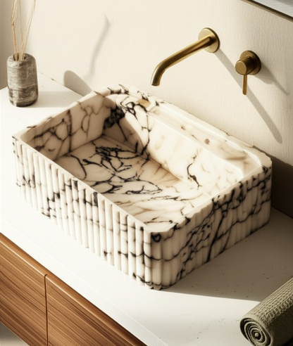 Calacatta Viola Marble Fluted Wall-Mounted Sink – Rectangular