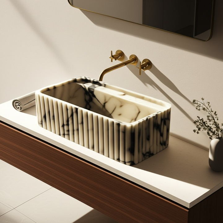 Calacatta Viola Marble Fluted Wall-Mounted Sink – Rectangular