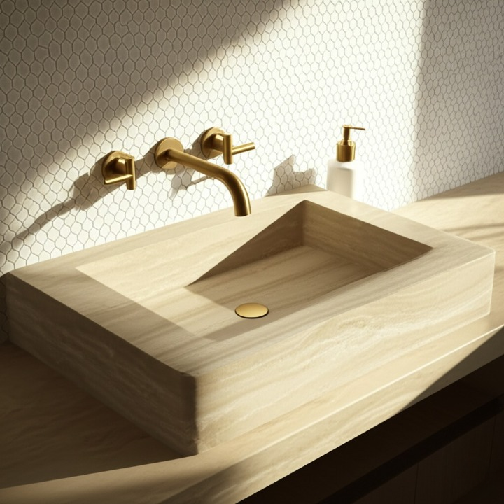 30" Rectangular Travertine Stone Sink – Handcrafted Bathroom Basin