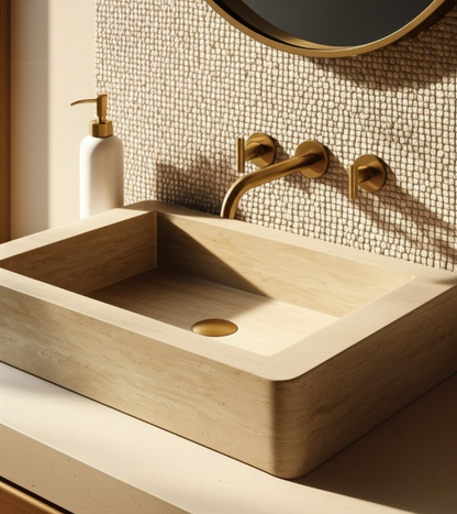 30" Rectangular Travertine Stone Sink – Handcrafted Bathroom Basin
