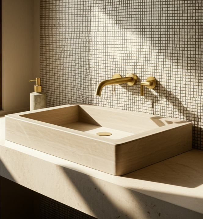 30" Rectangular Travertine Stone Sink – Handcrafted Bathroom Basin