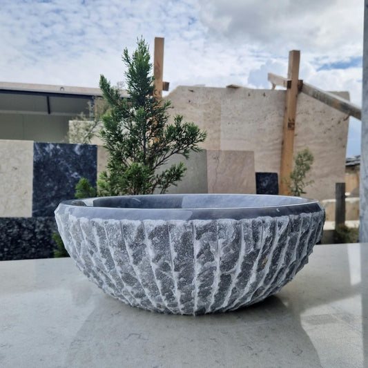 Grey Marble Round Chiseled Stone Vessel Sink