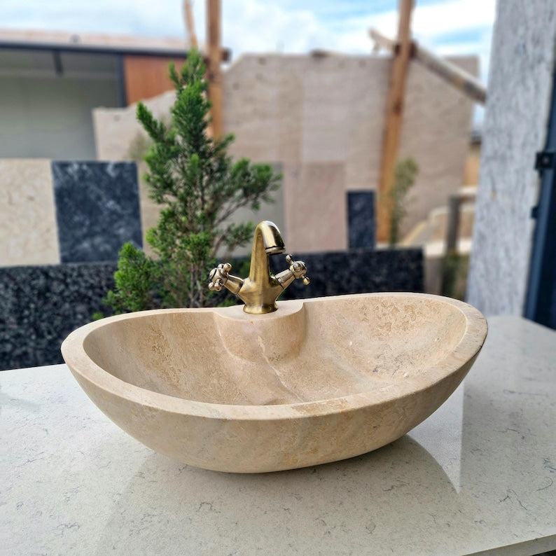 Hand-Carved Travertine Marble Basin