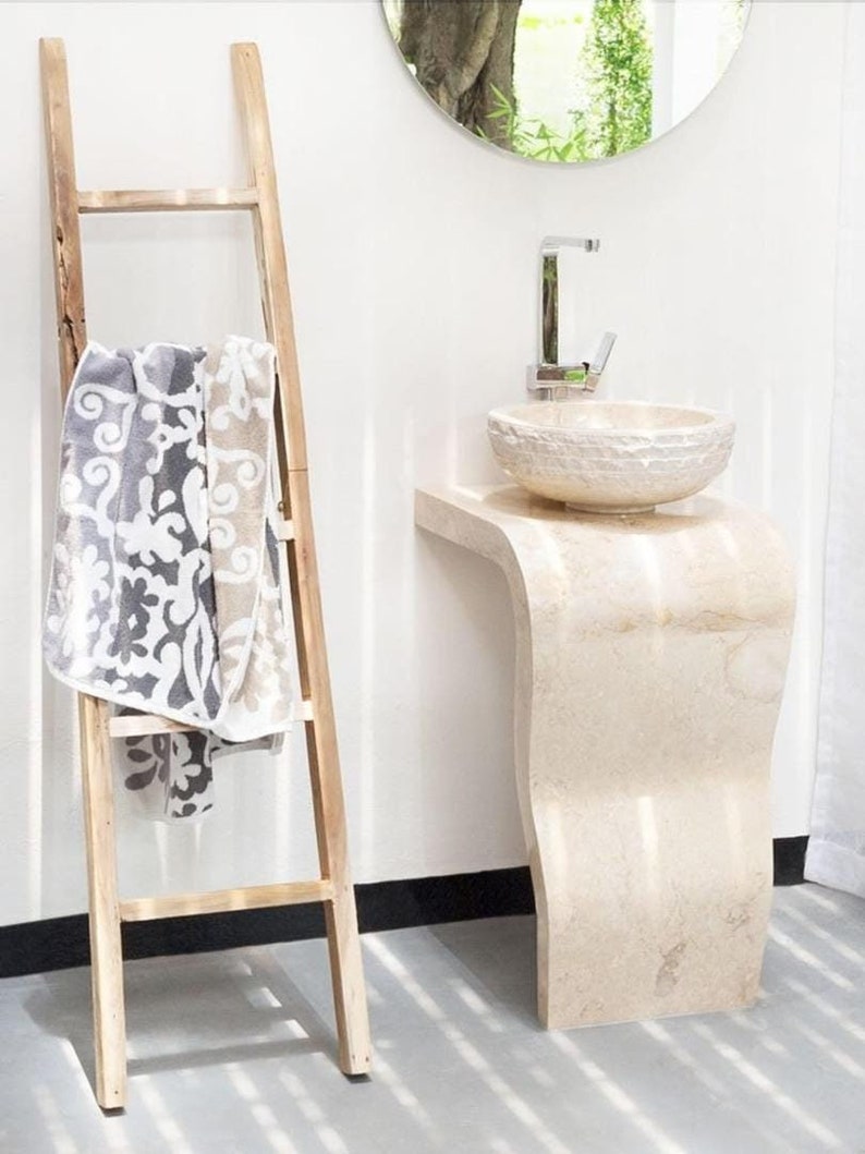 Beige Sculptural Stone Marble Pedestal Sink