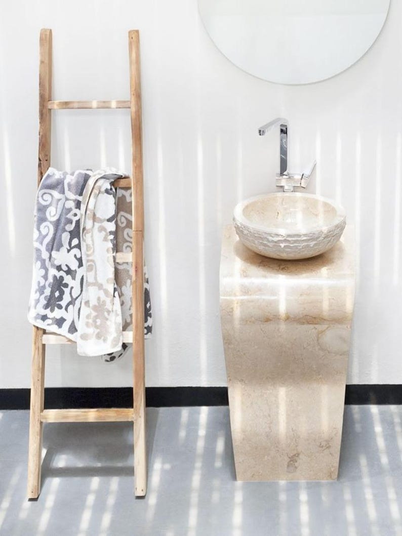 Beige Sculptural Stone Marble Pedestal Sink