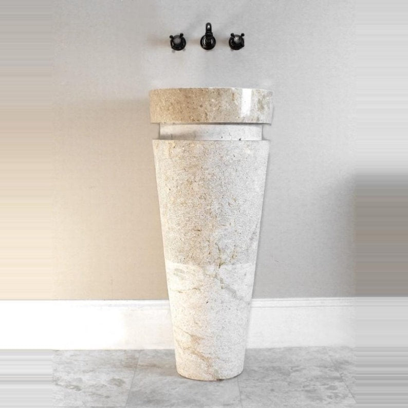Beige Marble Pedestal Sink,Hand-Carved Stone Sink