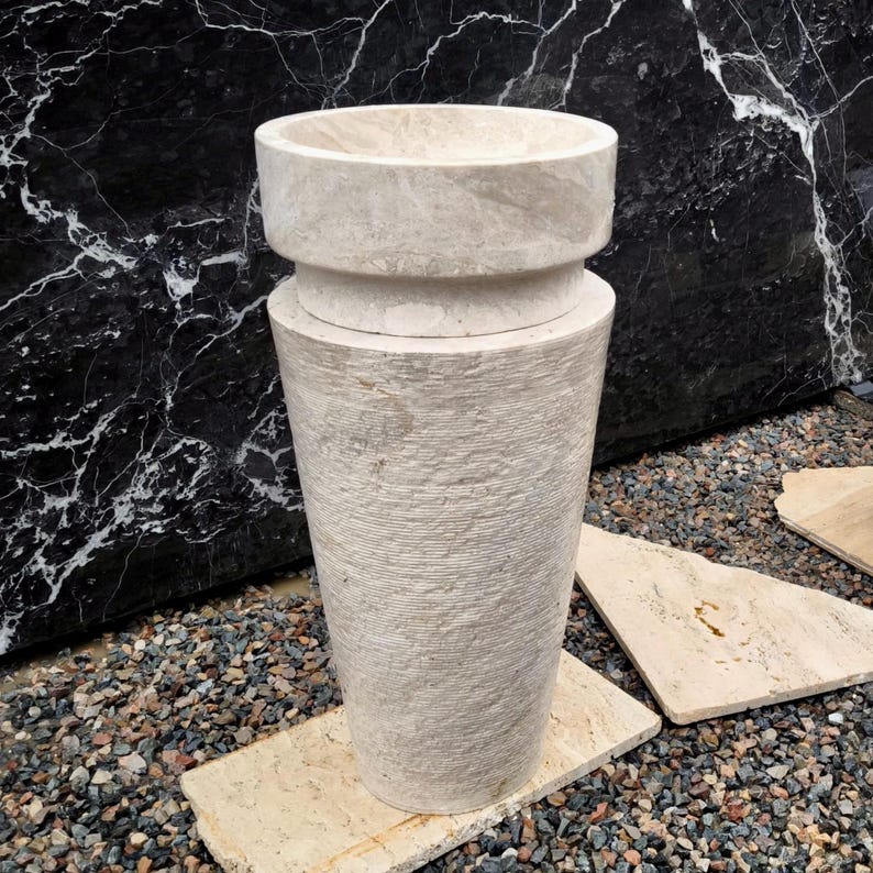 Beige Marble Pedestal Sink,Hand-Carved Stone Sink