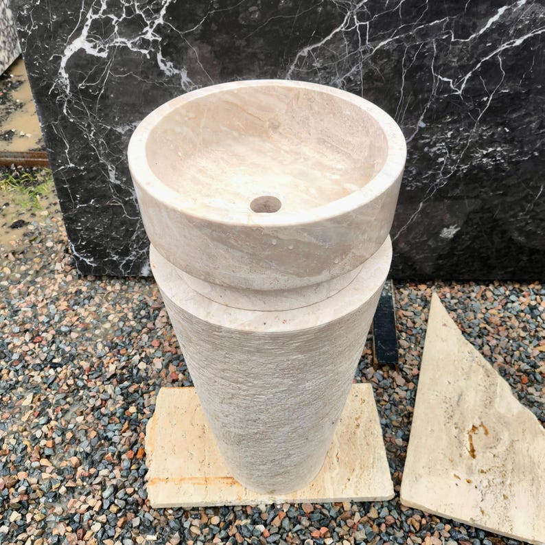 Beige Marble Pedestal Sink,Hand-Carved Stone Sink