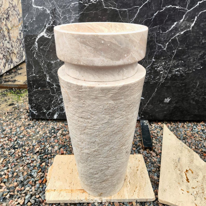 Beige Marble Pedestal Sink,Hand-Carved Stone Sink